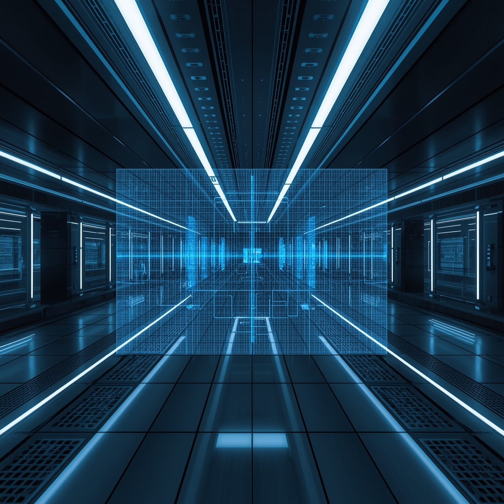 A high-tech digital laboratory with holographic displays and clean modern architecture